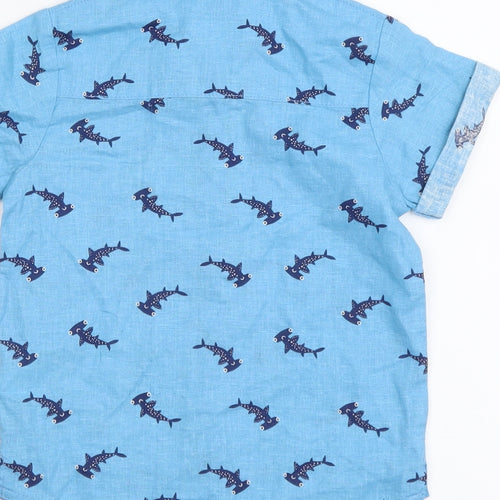 TU Boys Blue Geometric Linen Basic Button-Up Size 2-3 Years Collared Button - Shark Pattern