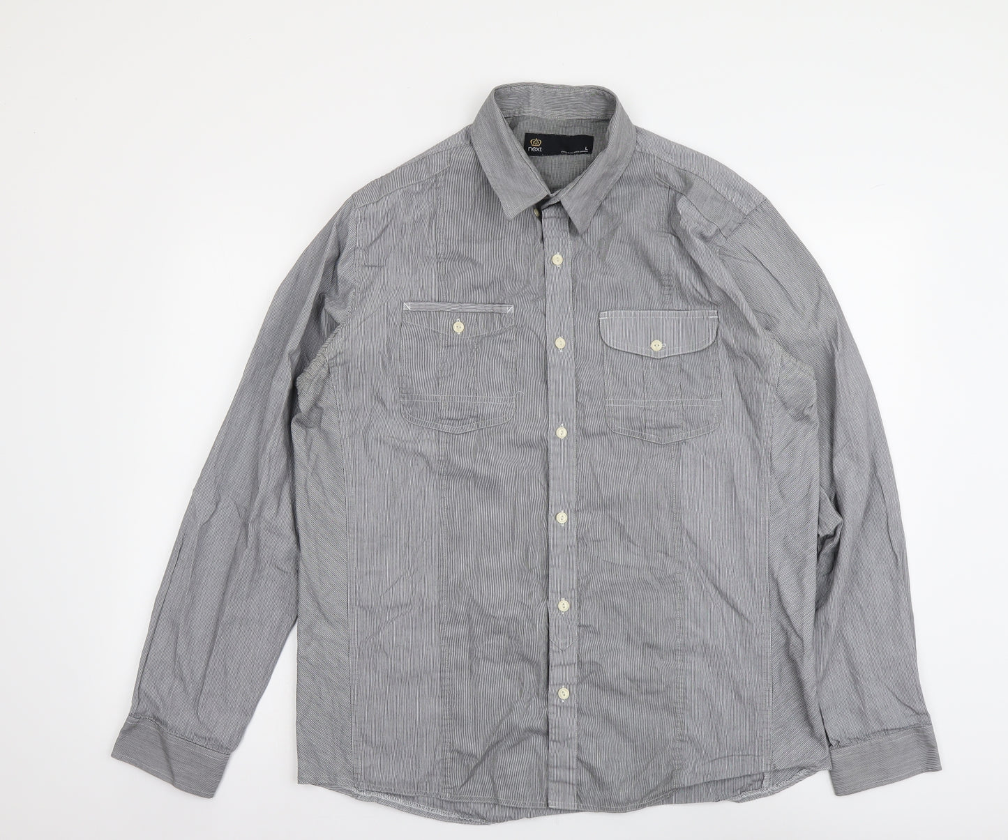 NEXT Mens Grey Cotton Button-Up Size L Collared Button