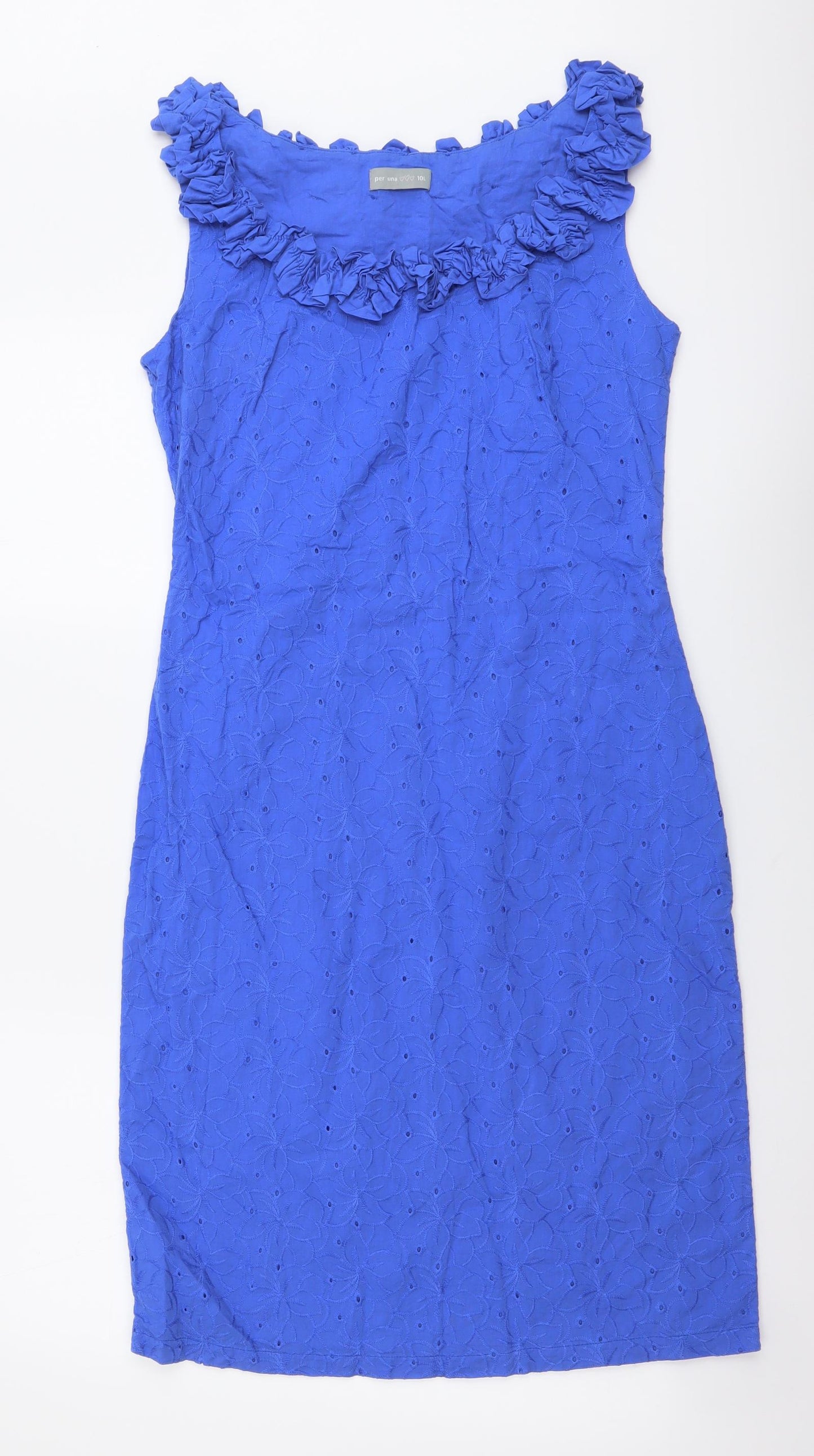 Per Una Womens Blue Floral Cotton Pencil Dress Size 10 Boat Neck Pullover