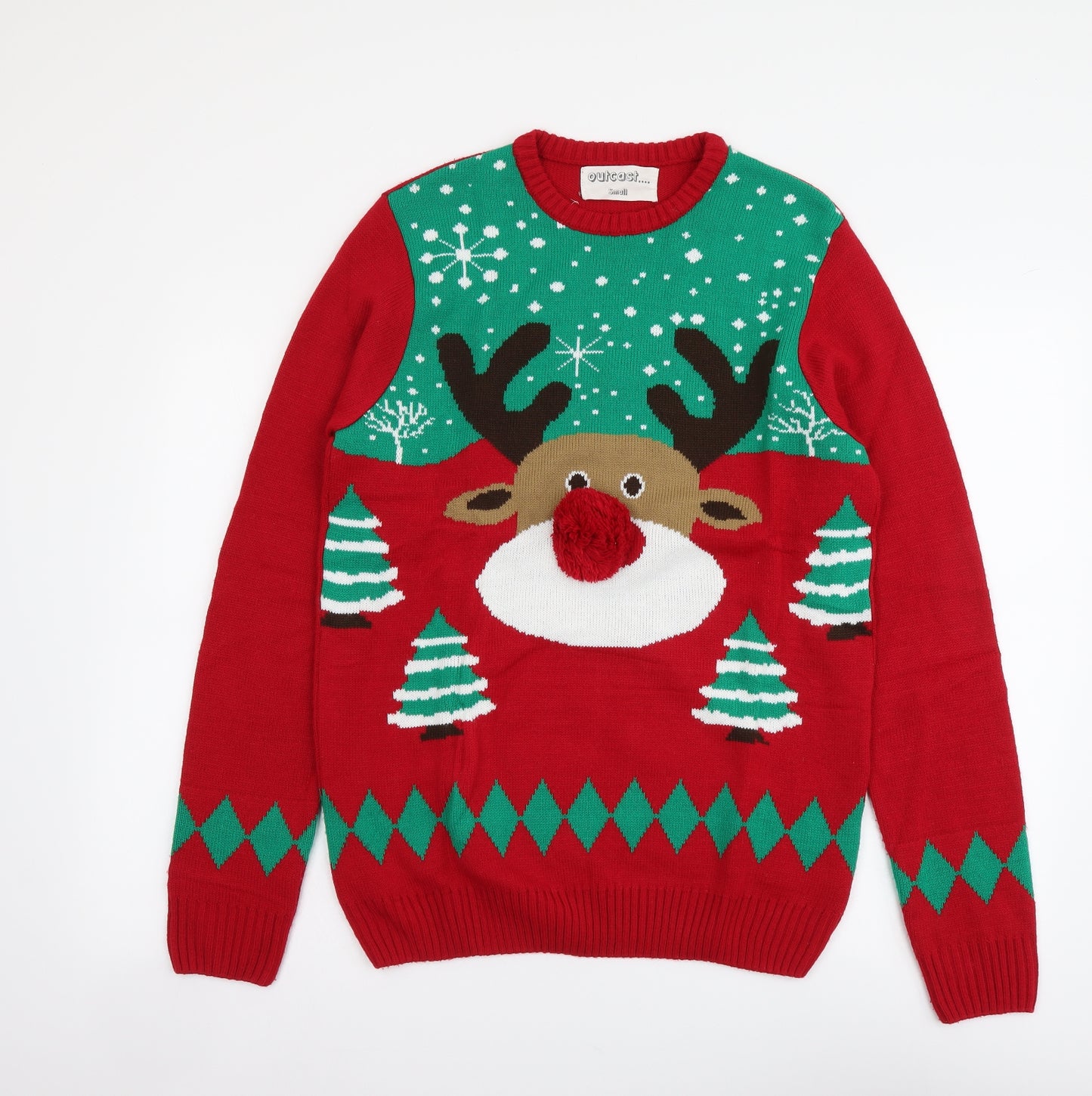 Outcast Mens Red Round Neck Geometric Acrylic Pullover Jumper Size S - Reindeer Christmas