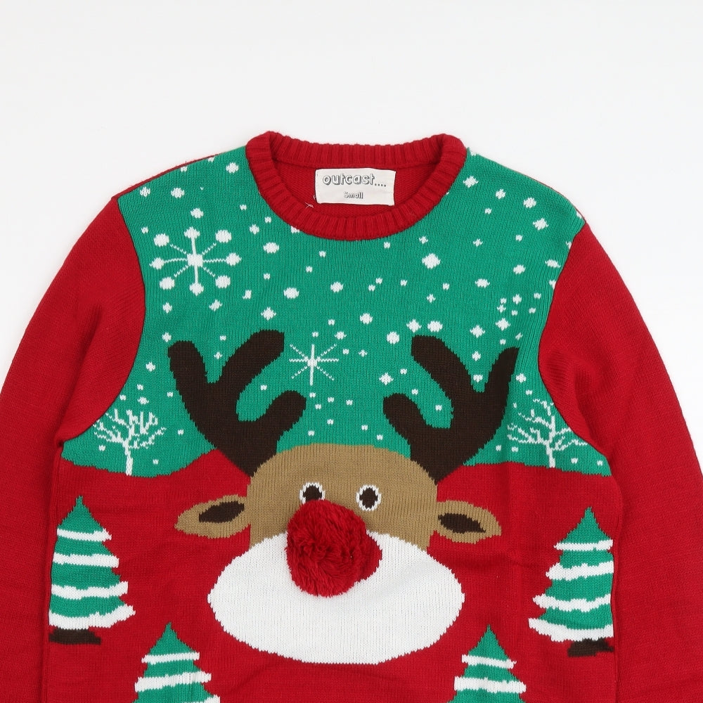 Outcast Mens Red Round Neck Geometric Acrylic Pullover Jumper Size S - Reindeer Christmas