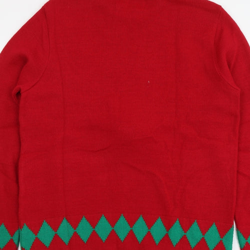 Outcast Mens Red Round Neck Geometric Acrylic Pullover Jumper Size S - Reindeer Christmas