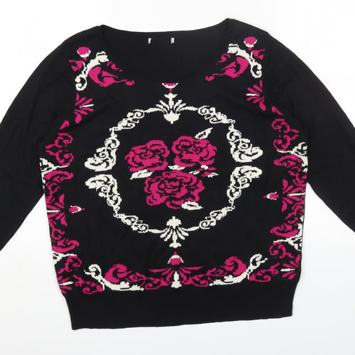 TU Womens Black Round Neck Geometric Cotton Pullover Jumper Size 16