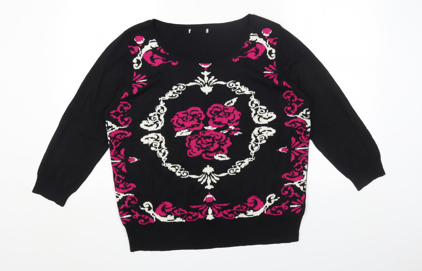 TU Womens Black Round Neck Geometric Cotton Pullover Jumper Size 16