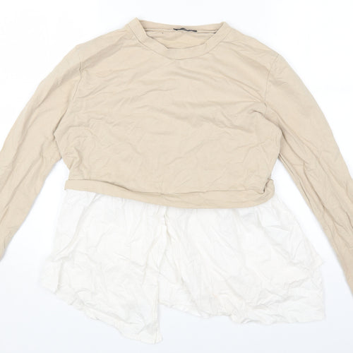 PRETTYLITTLETHING Womens Beige Cotton Basic T-Shirt Size 6 Round Neck