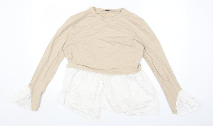 PRETTYLITTLETHING Womens Beige Cotton Basic T-Shirt Size 6 Round Neck