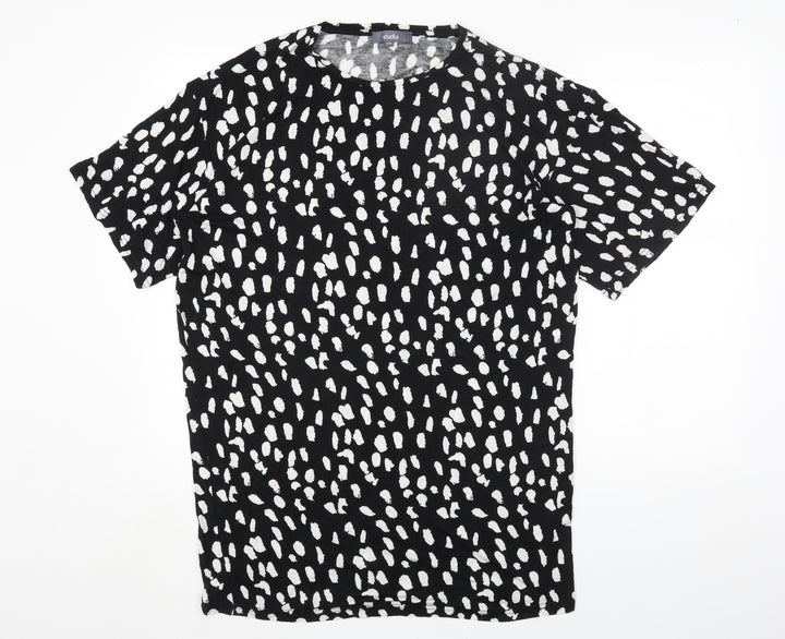 Studio Womens Black Geometric Viscose Basic T-Shirt Size 8 Round Neck