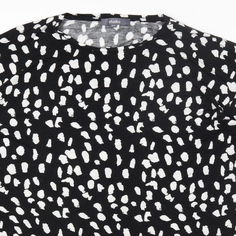 Studio Womens Black Geometric Viscose Basic T-Shirt Size 8 Round Neck