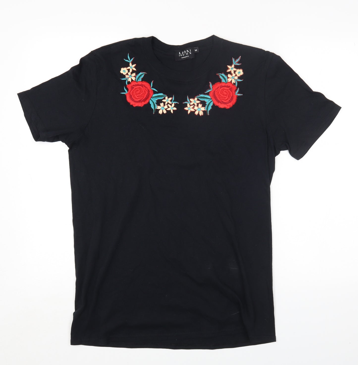 Boohoo Mens Black Cotton T-Shirt Size M Round Neck - Flower Detail