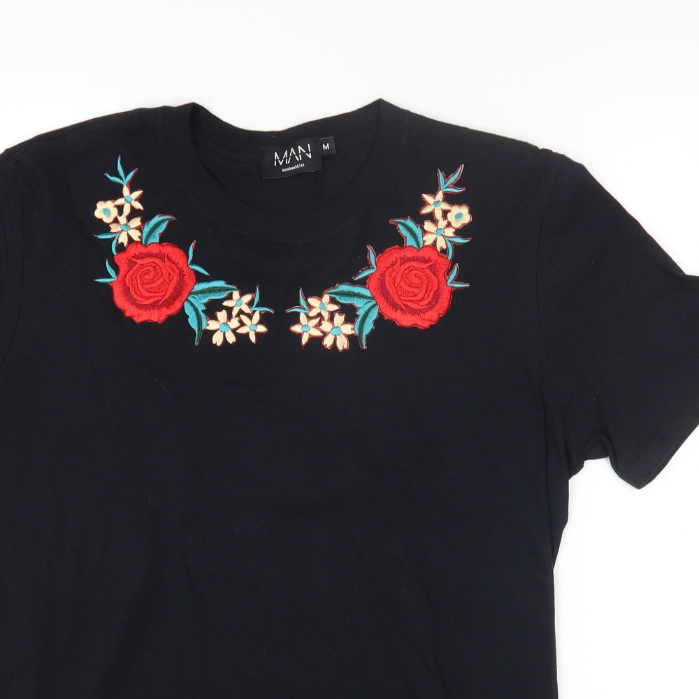Boohoo Mens Black Cotton T-Shirt Size M Round Neck - Flower Detail