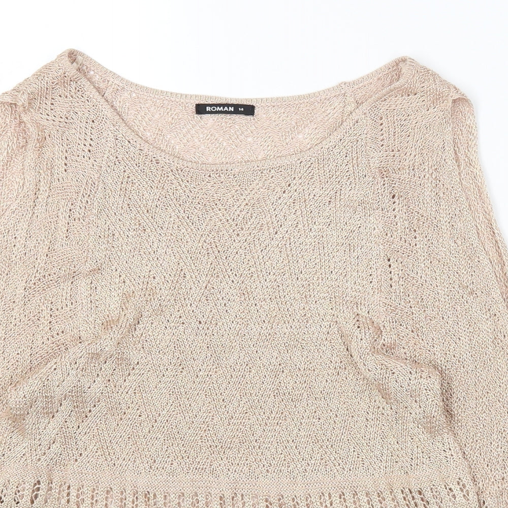 Roman Womens Gold Viscose Basic T-Shirt Size 14 Boat Neck