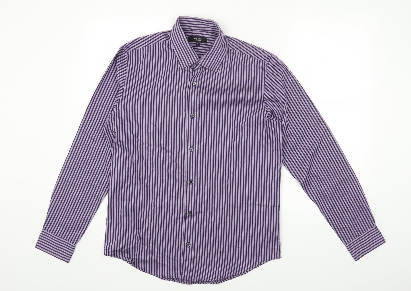 Thomas Nash Mens Purple Striped Cotton Button-Up Size S Collared Button