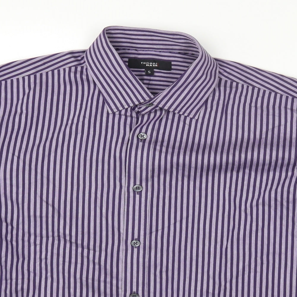 Thomas Nash Mens Purple Striped Cotton Button-Up Size S Collared Button