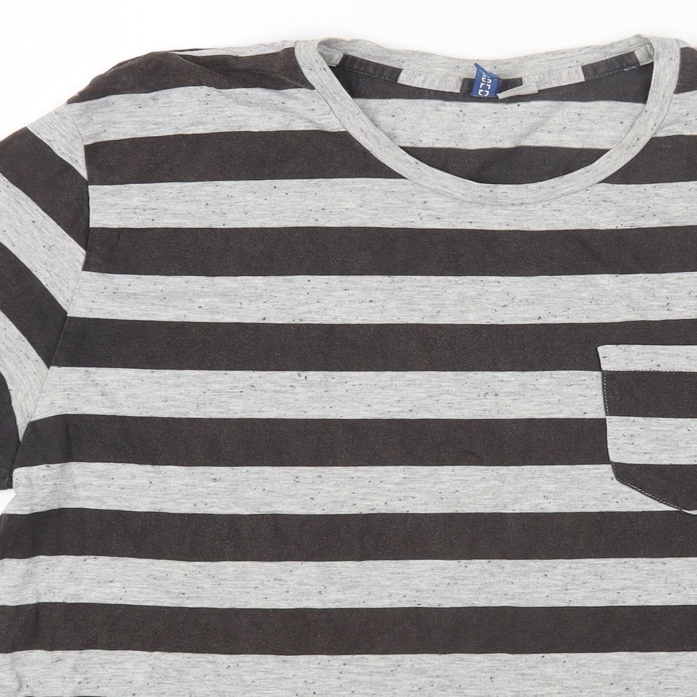 H&M Womens Grey Striped Cotton Basic T-Shirt Size L Round Neck