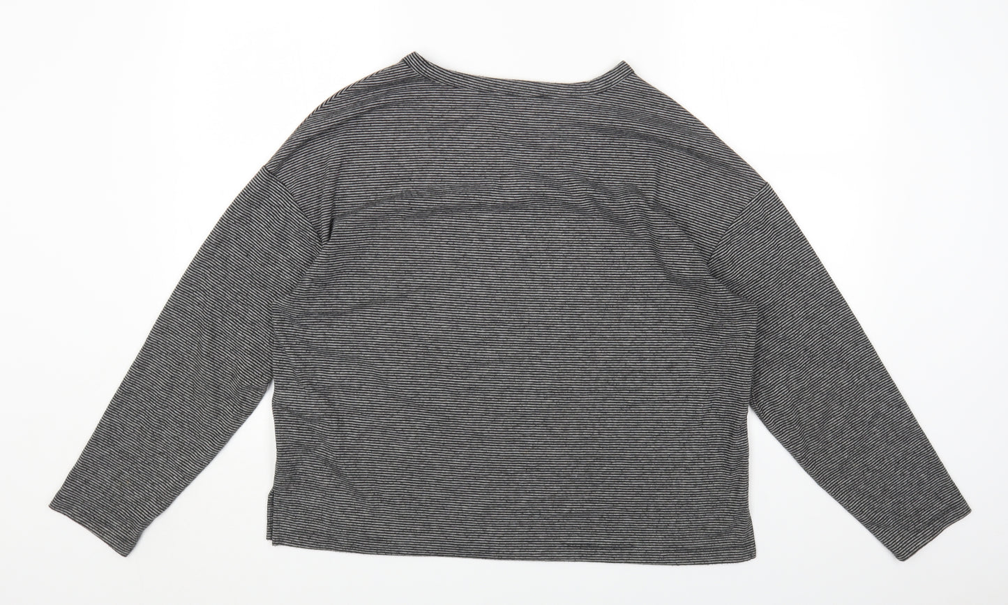 Marks and Spencer Womens Grey Striped Polyester Basic T-Shirt Size 14 Round Neck