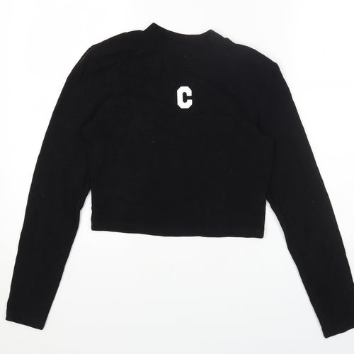 Magijaer Womens Black Cotton Cropped T-Shirt Size S Round Neck