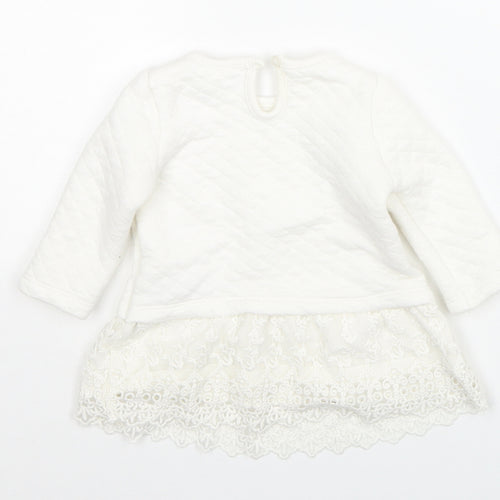 F&F Girls White Floral Cotton Pullover Jumper Size 0-3 Months Button - Lace Detail