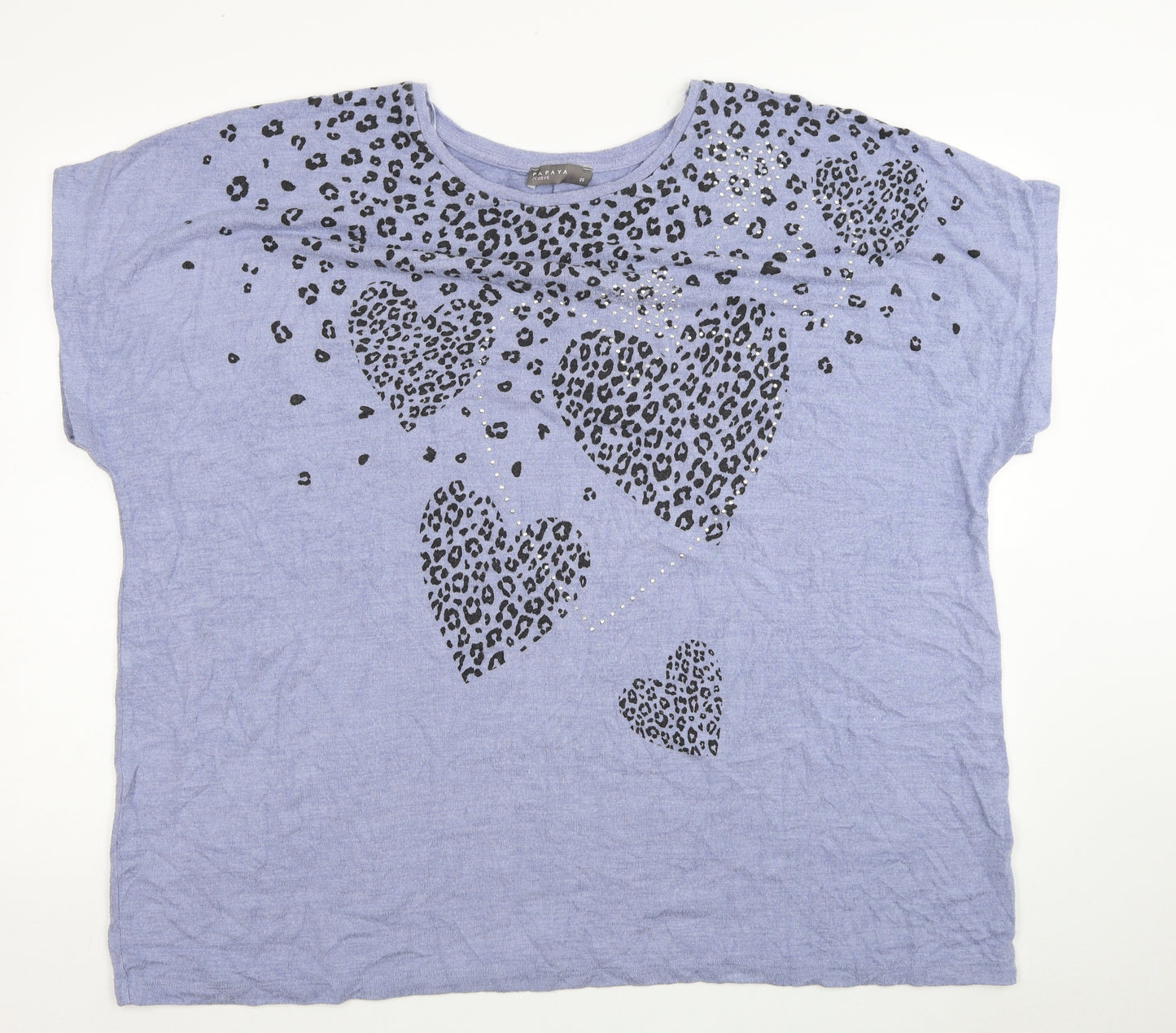 Papaya Womens Blue Animal Print Viscose Basic T-Shirt Size 26 Round Neck - Leopard Print Hearts