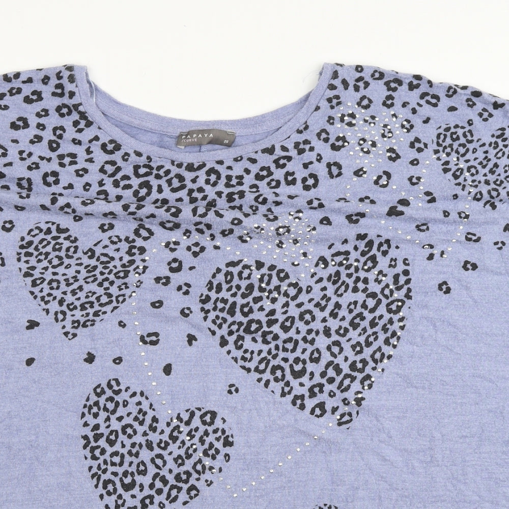 Papaya Womens Blue Animal Print Viscose Basic T-Shirt Size 26 Round Neck - Leopard Print Hearts