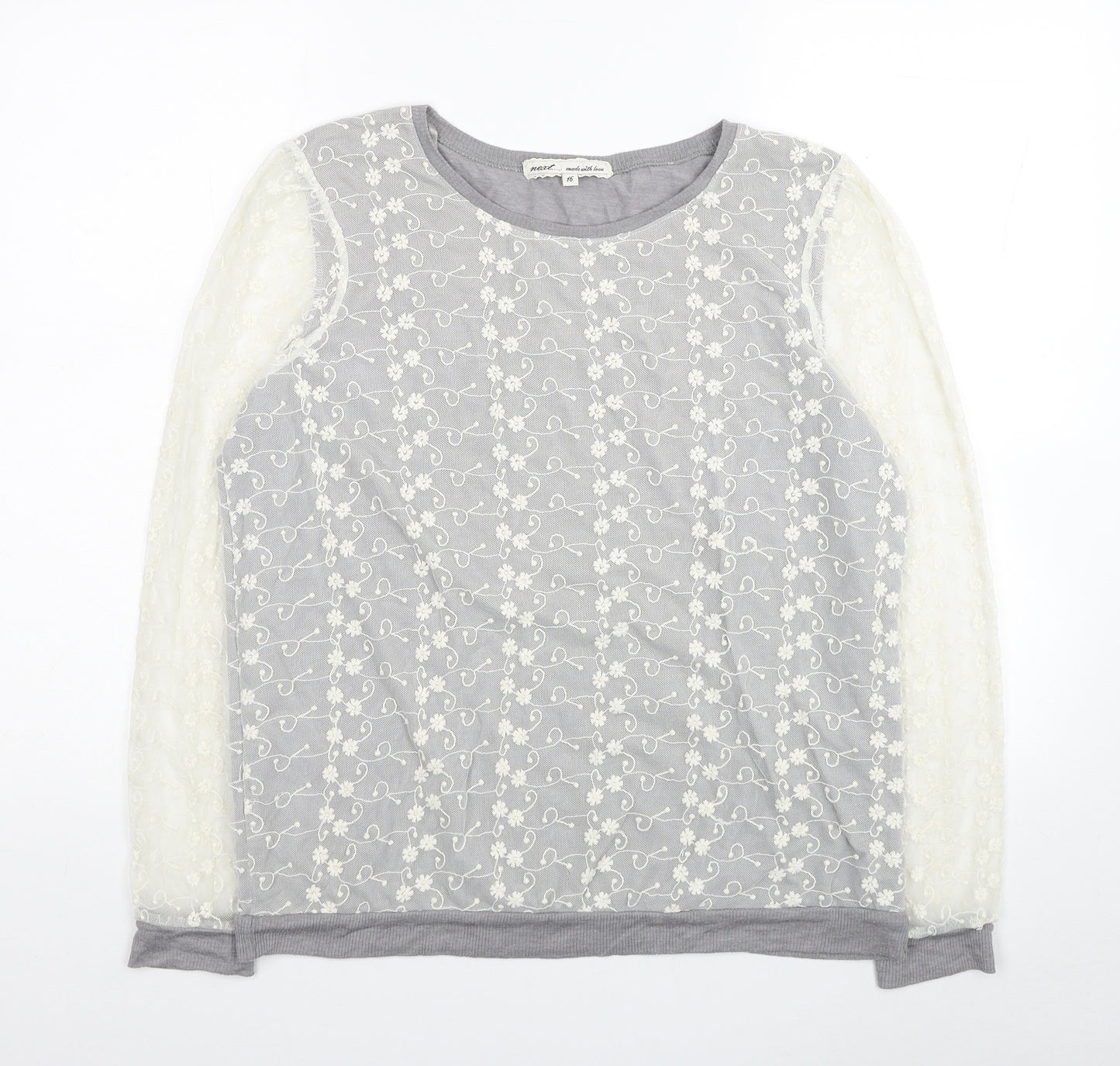 NEXT Womens Grey Round Neck Floral Cotton Pullover Jumper Size 16