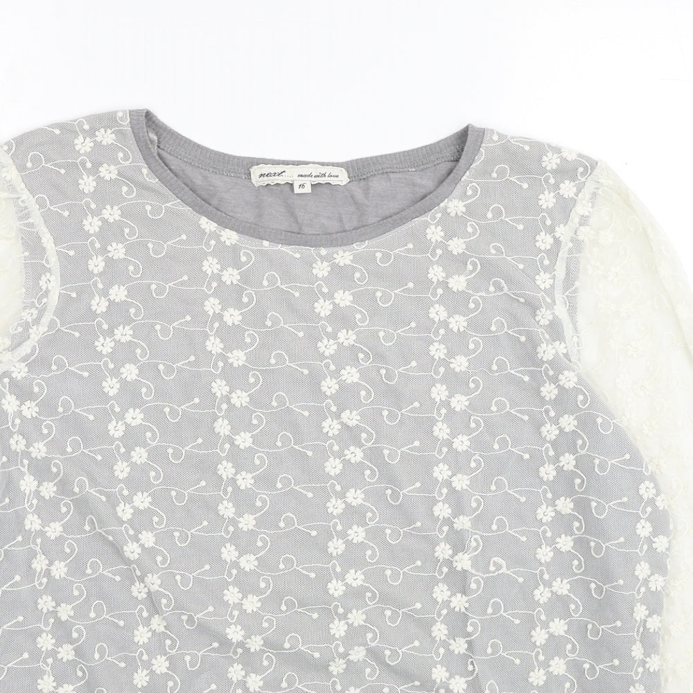 NEXT Womens Grey Round Neck Floral Cotton Pullover Jumper Size 16
