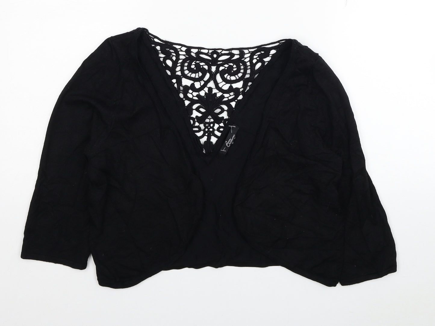 Bonmarché Womens Black Floral Viscose Cropped Blouse Size S V-Neck - Lace Detail