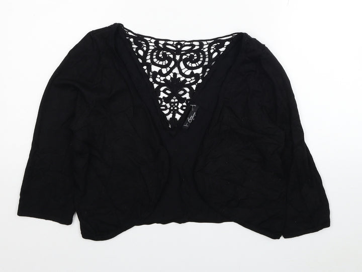 Bonmarché Womens Black Floral Viscose Cropped Blouse Size S V-Neck - Lace Detail