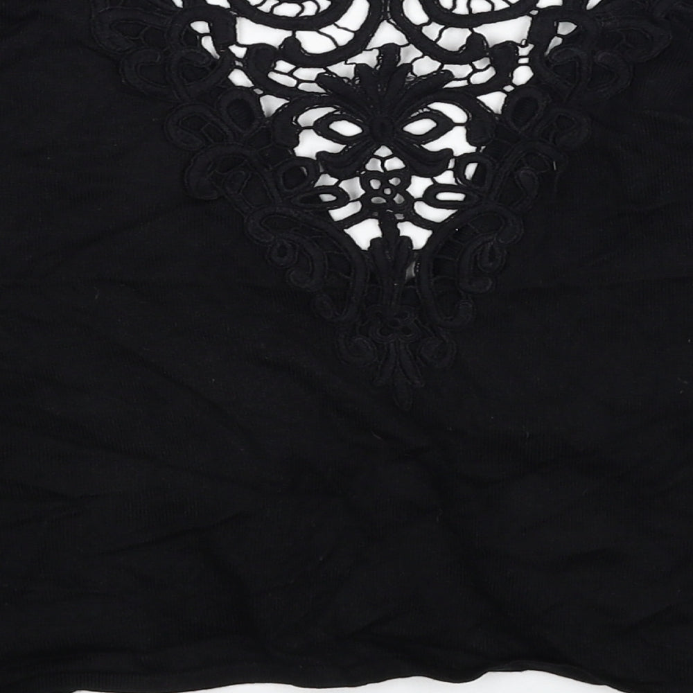Bonmarché Womens Black Floral Viscose Cropped Blouse Size S V-Neck - Lace Detail