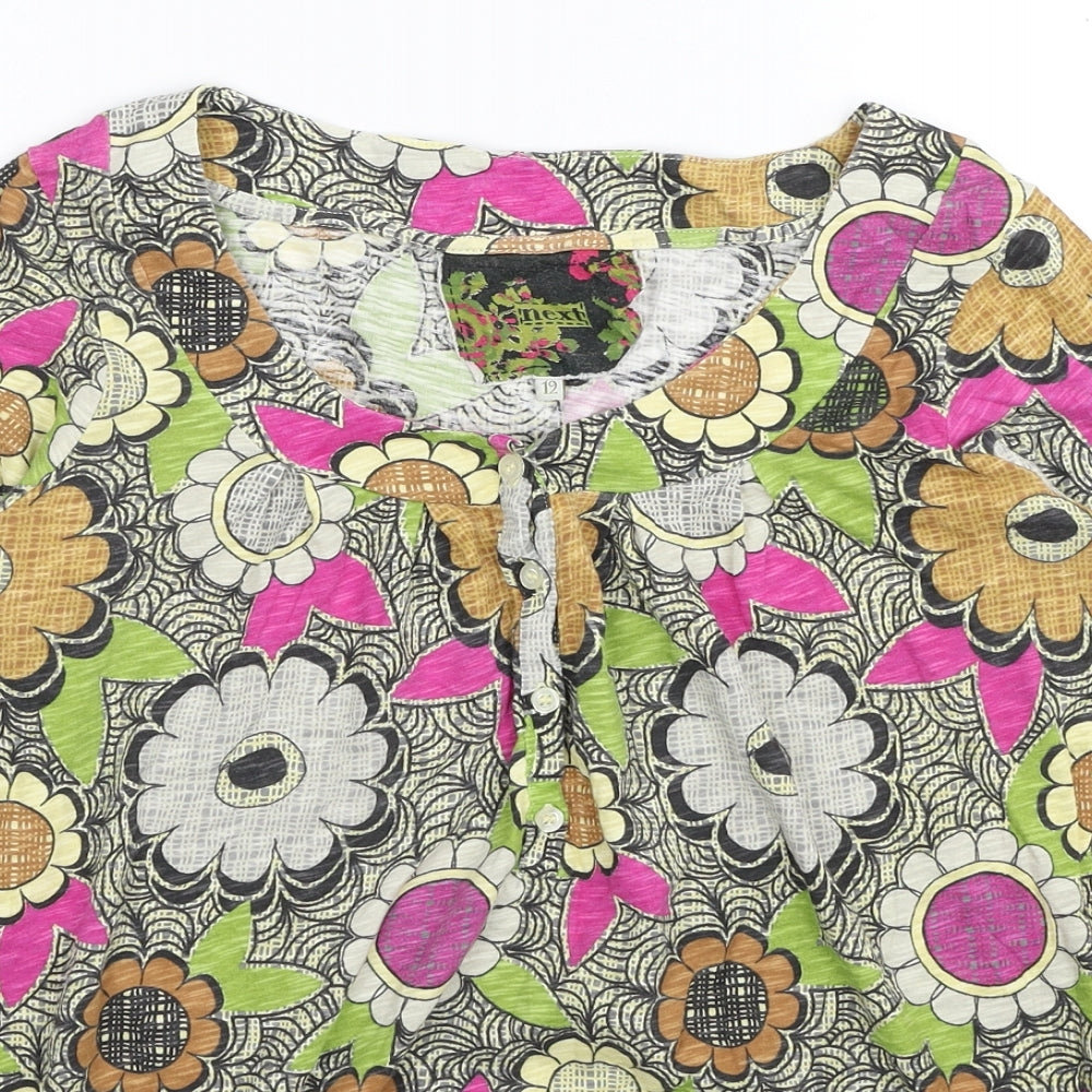 NEXT Womens Multicoloured Floral Cotton Basic Blouse Size 12 Scoop Neck