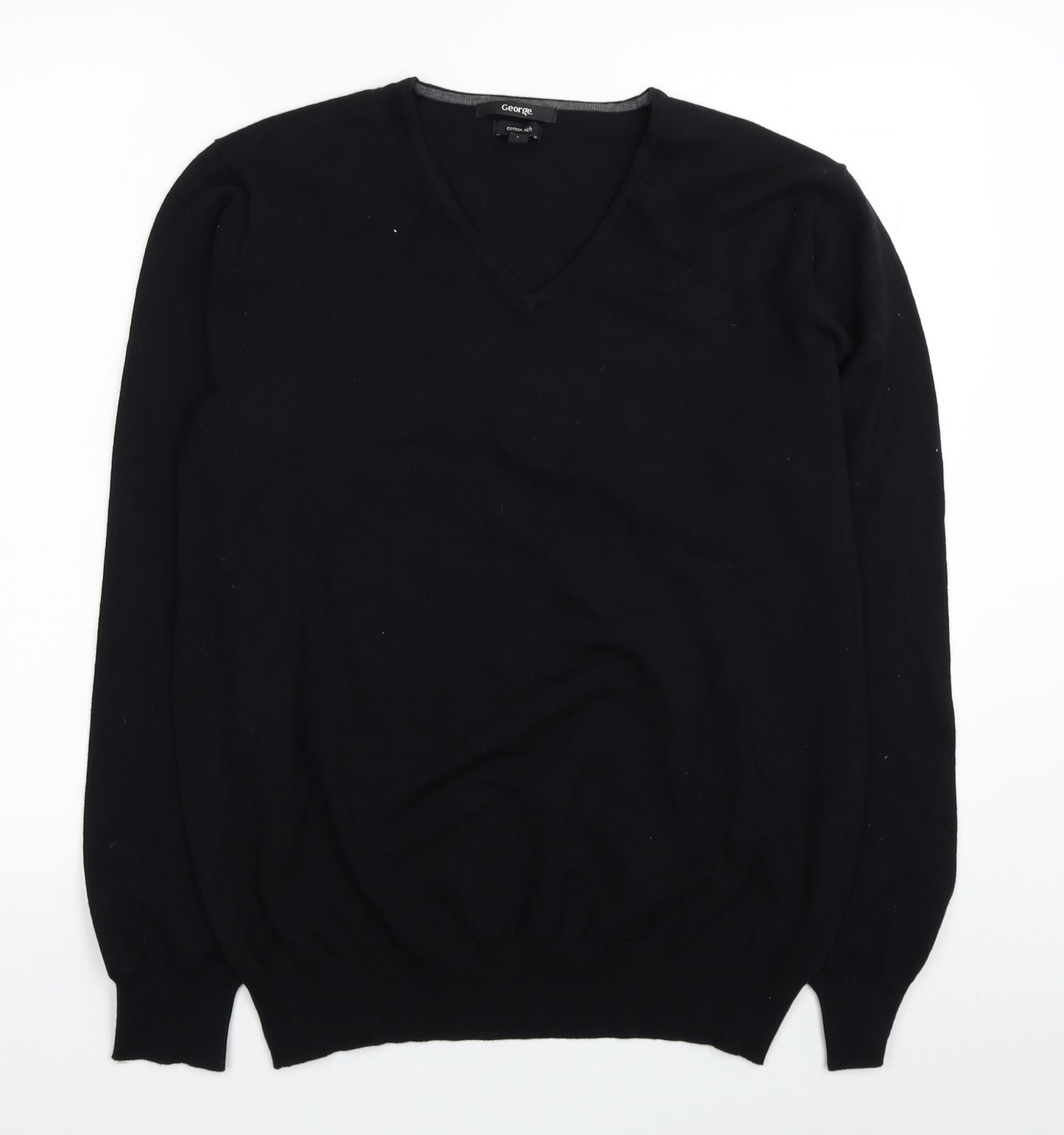 George Mens Black V-Neck Cotton Pullover Jumper Size L