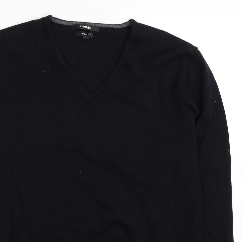 George Mens Black V-Neck Cotton Pullover Jumper Size L