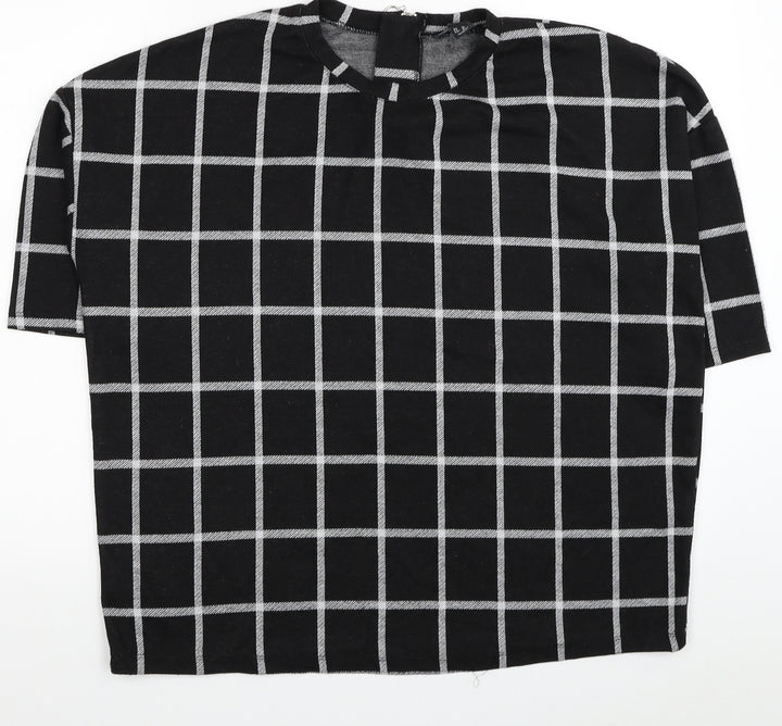 New Look Womens Black Check Polyester Jersey Blouse Size 10 Round Neck
