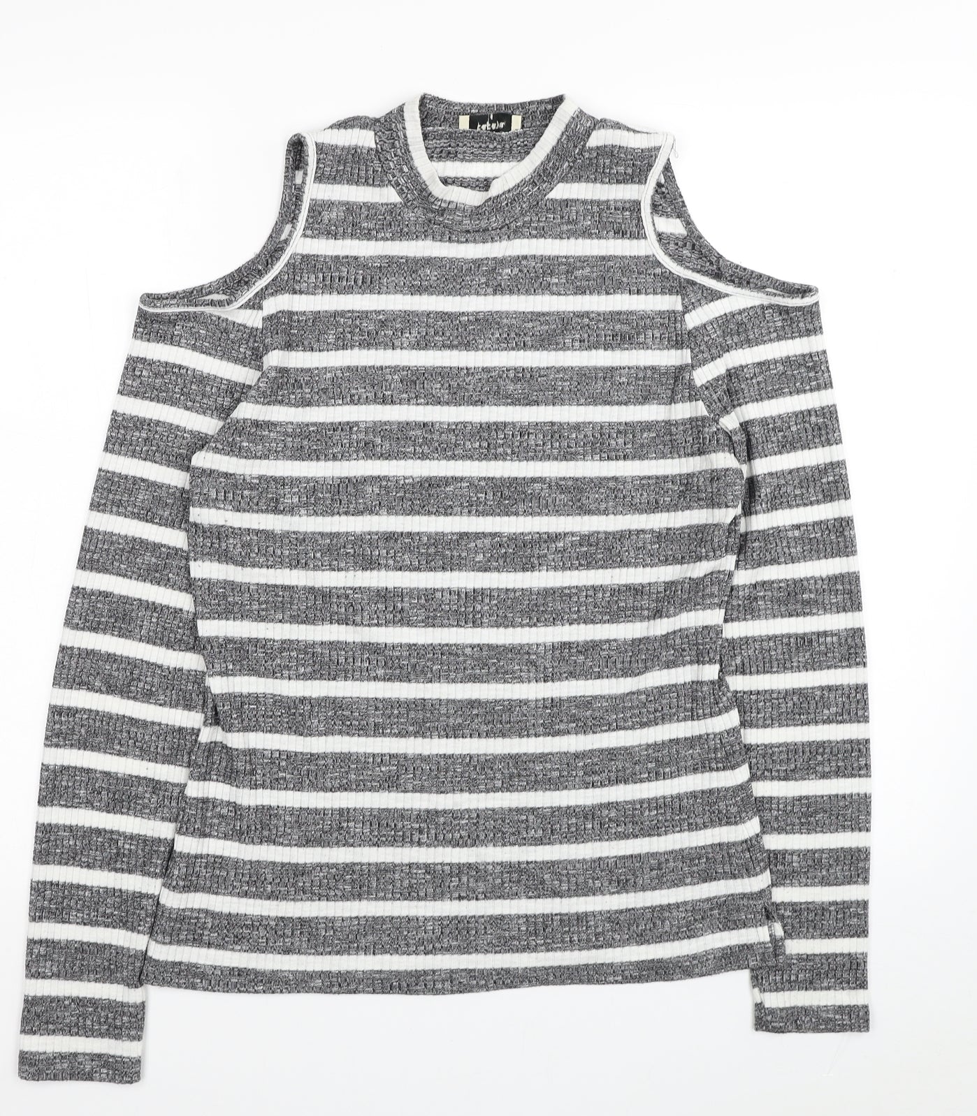 Papaya Womens Grey Round Neck Striped Polyester Pullover Jumper Size 14 - Cold Shoulder