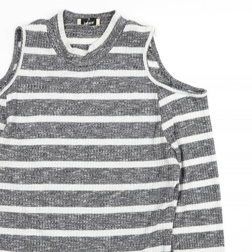 Papaya Womens Grey Round Neck Striped Polyester Pullover Jumper Size 14 - Cold Shoulder