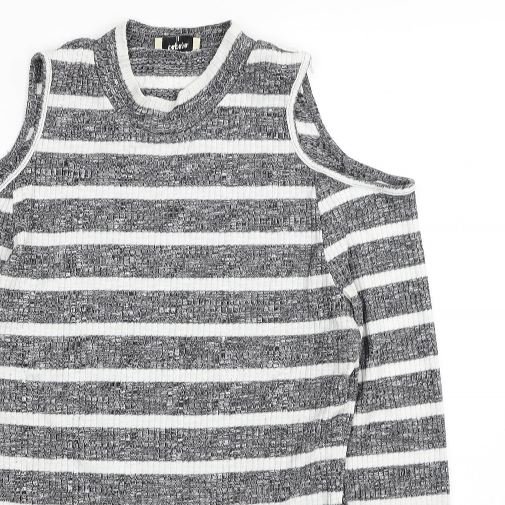 Papaya Womens Grey Round Neck Striped Polyester Pullover Jumper Size 14 - Cold Shoulder
