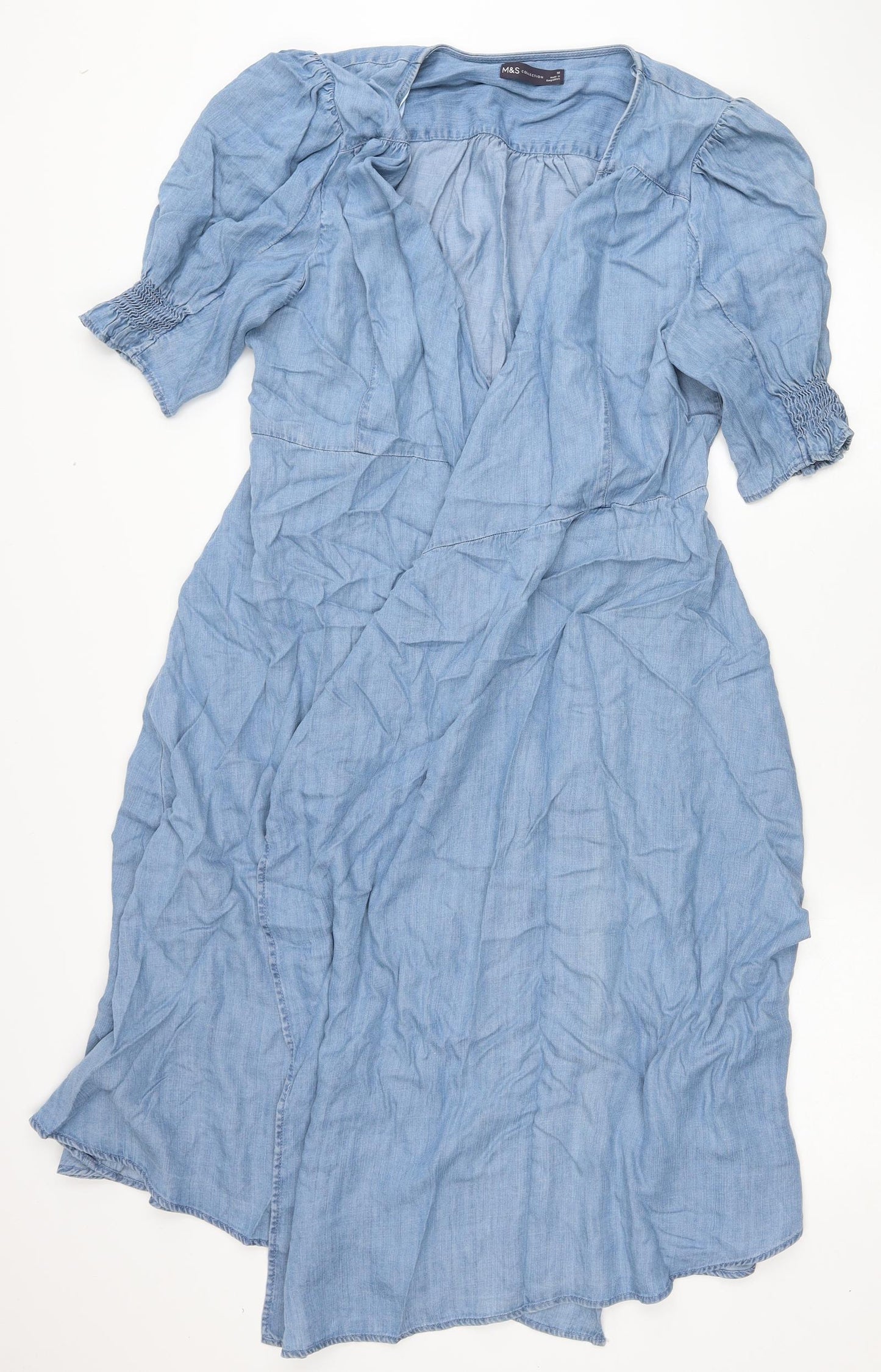 Marks and Spencer Womens Blue Lyocell Wrap Dress Size 16 V-Neck Tie
