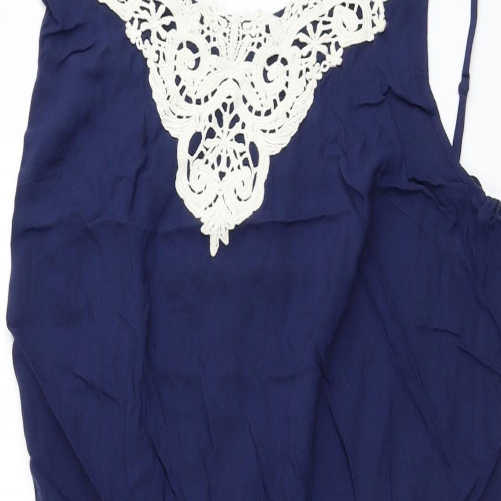 Marks and Spencer Womens Blue Viscose Tank Dress Size 12 V-Neck Pullover - Lace Detail
