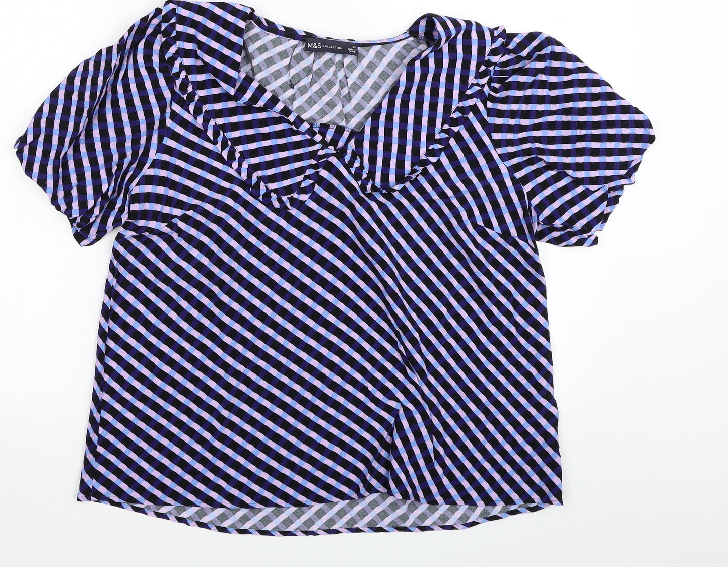 Marks and Spencer Womens Blue Plaid Viscose Basic Blouse Size 12 Collared