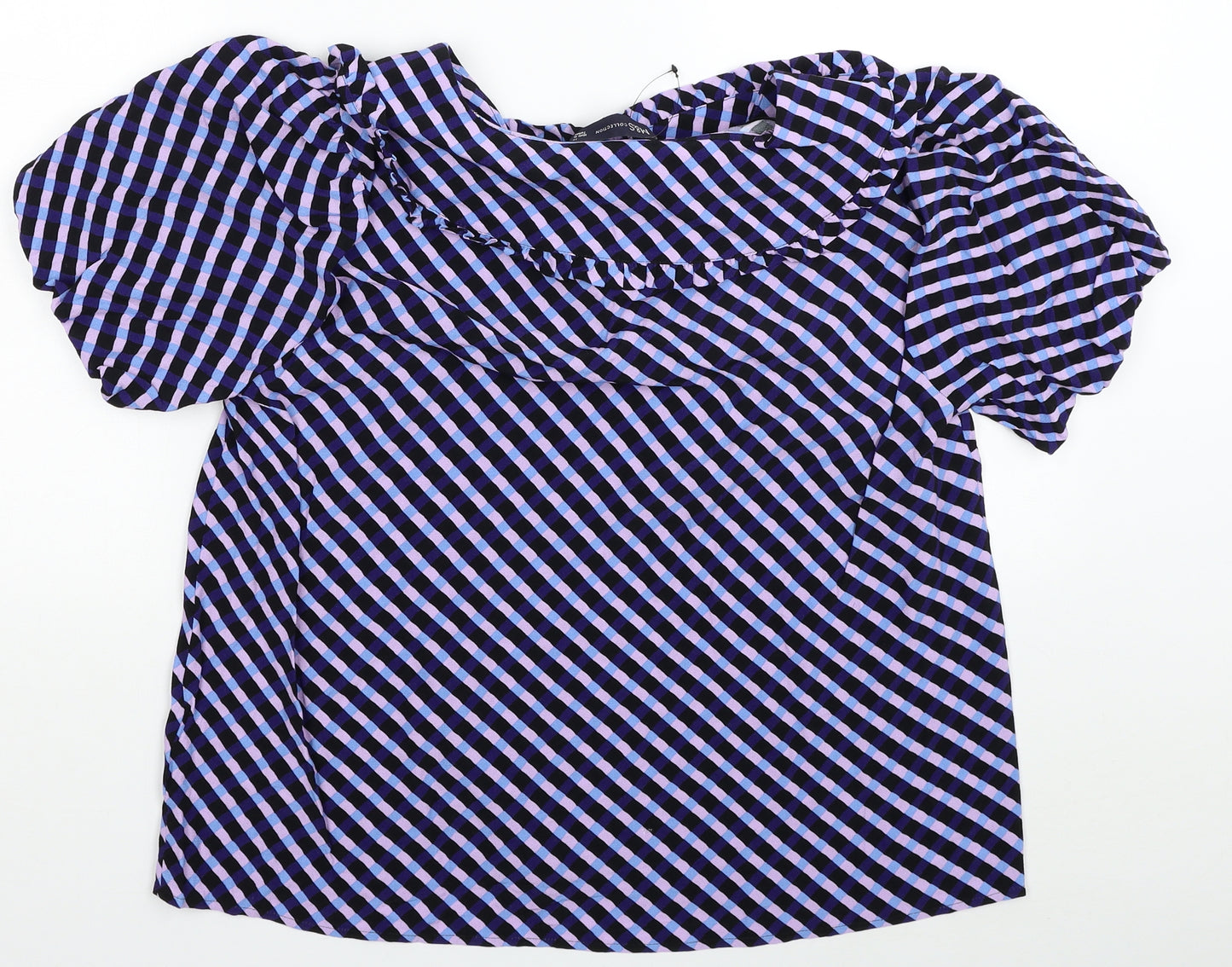 Marks and Spencer Womens Blue Plaid Viscose Basic Blouse Size 12 Collared