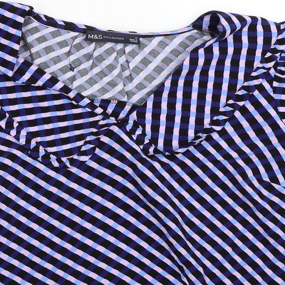 Marks and Spencer Womens Blue Plaid Viscose Basic Blouse Size 12 Collared