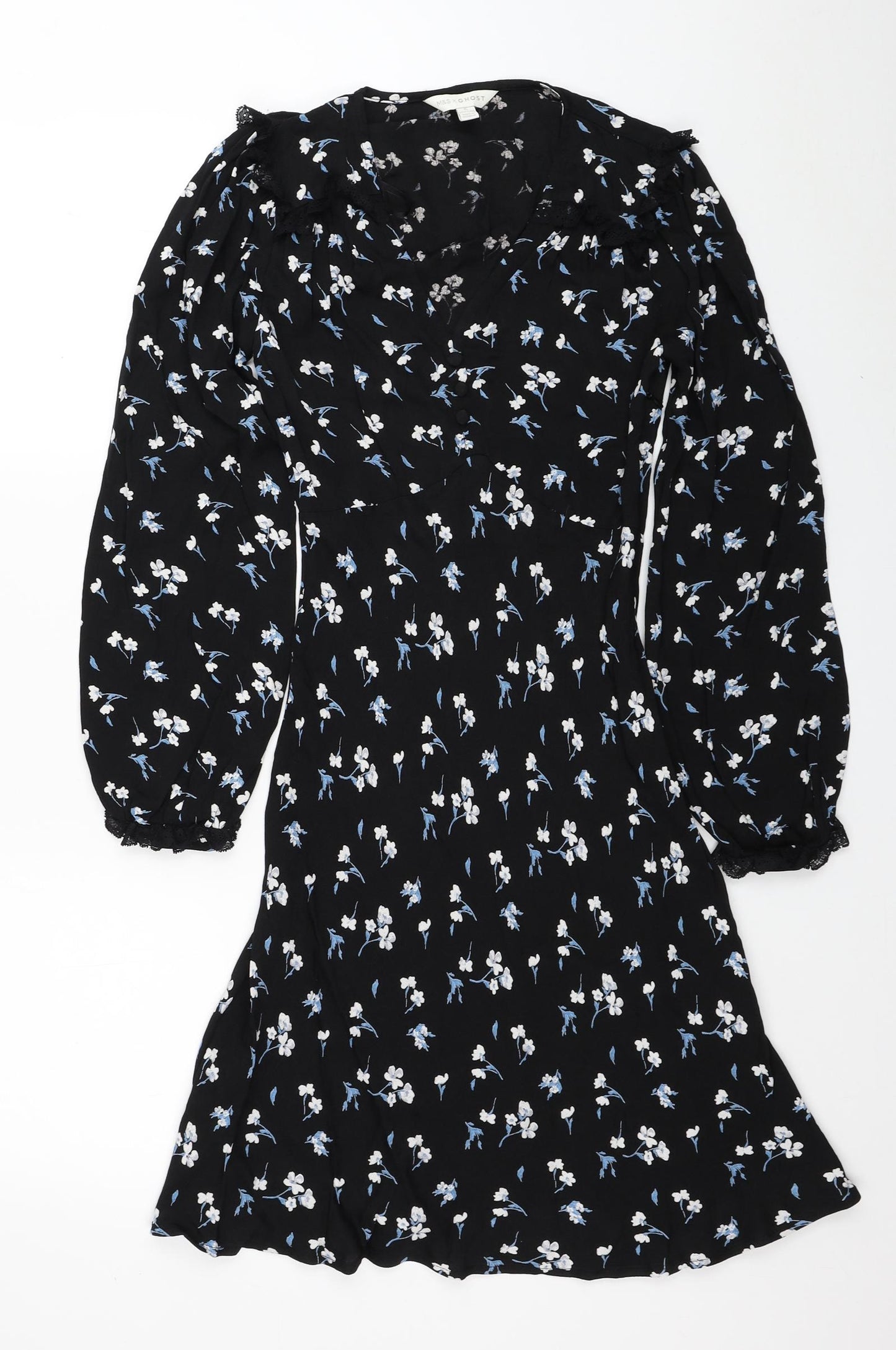 Marks and Spencer Womens Black Floral Viscose Fit & Flare Size 8 V-Neck Zip - Lace Detail, X Ghost