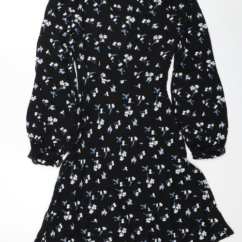 Marks and Spencer Womens Black Floral Viscose Fit & Flare Size 8 V-Neck Zip - Lace Detail, X Ghost