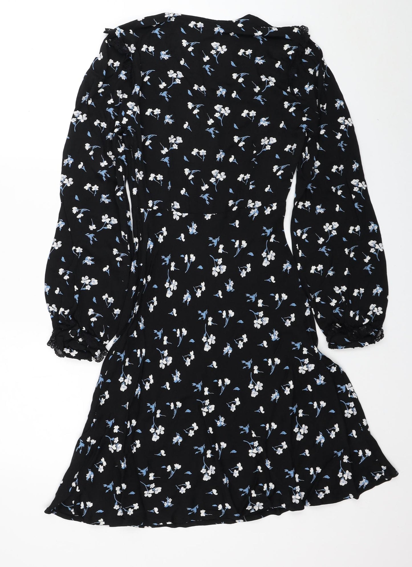 Marks and Spencer Womens Black Floral Viscose Fit & Flare Size 8 V-Neck Zip - Lace Detail, X Ghost