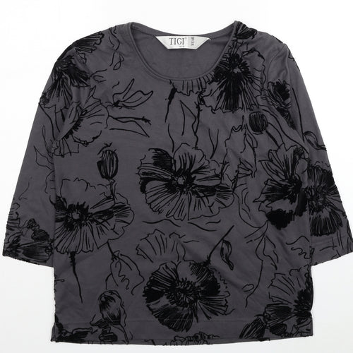 TIGI Womens Grey Floral Polyester Basic Blouse Size 14 Scoop Neck