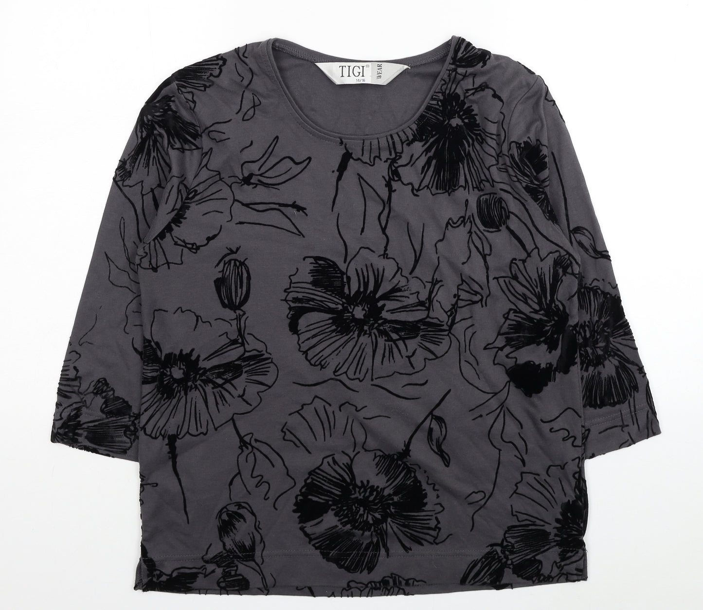 TIGI Womens Grey Floral Polyester Basic Blouse Size 14 Scoop Neck