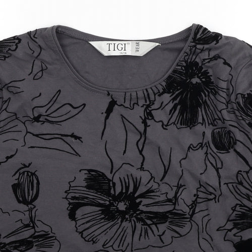 TIGI Womens Grey Floral Polyester Basic Blouse Size 14 Scoop Neck