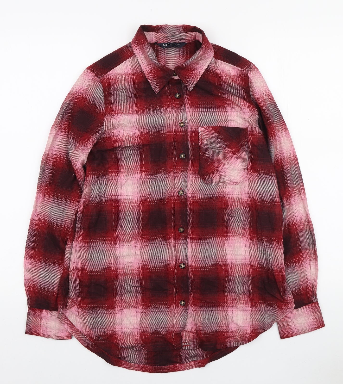 Marks and Spencer Womens Red Plaid Viscose Basic Button-Up Size 6 Collared