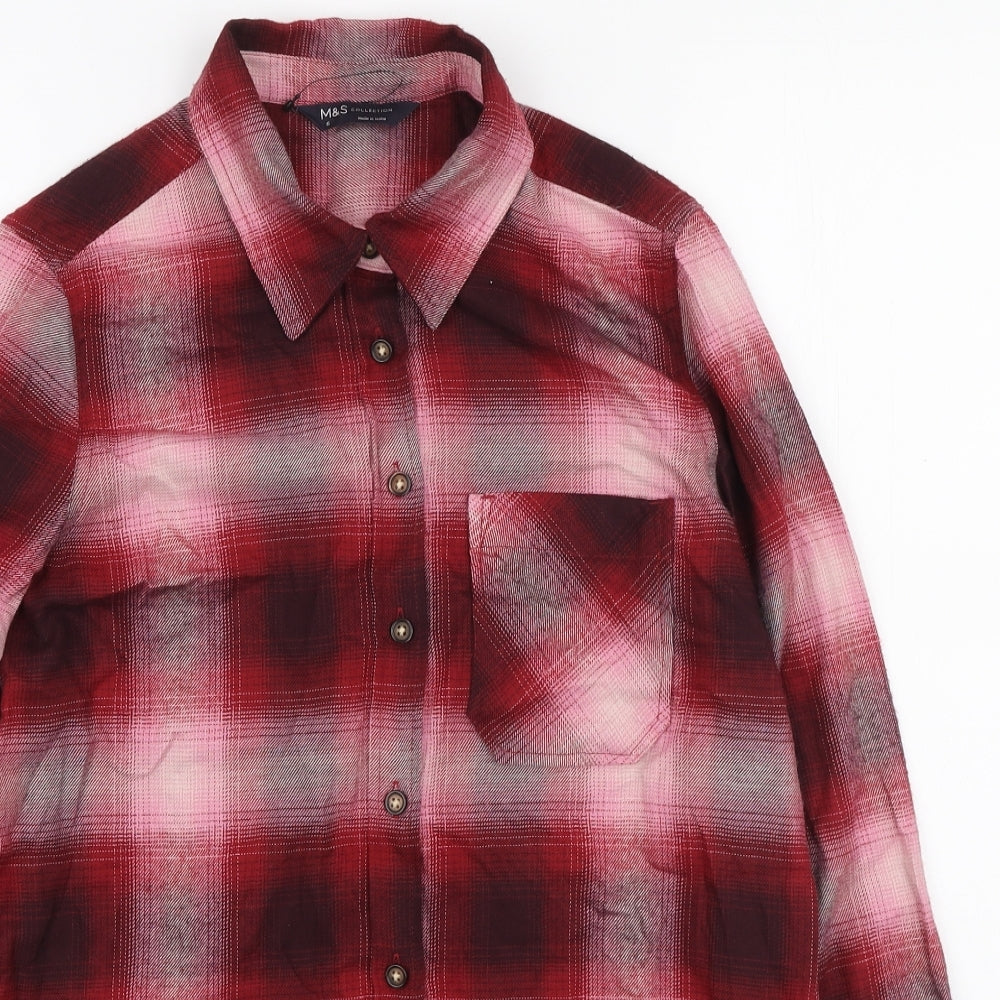 Marks and Spencer Womens Red Plaid Viscose Basic Button-Up Size 6 Collared