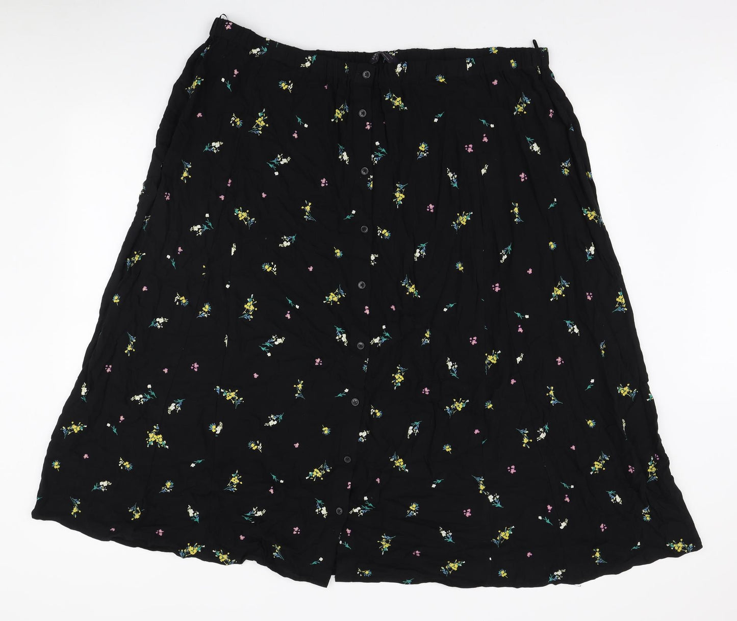 Marks and Spencer Womens Black Floral Viscose A-Line Skirt Size 24 Button