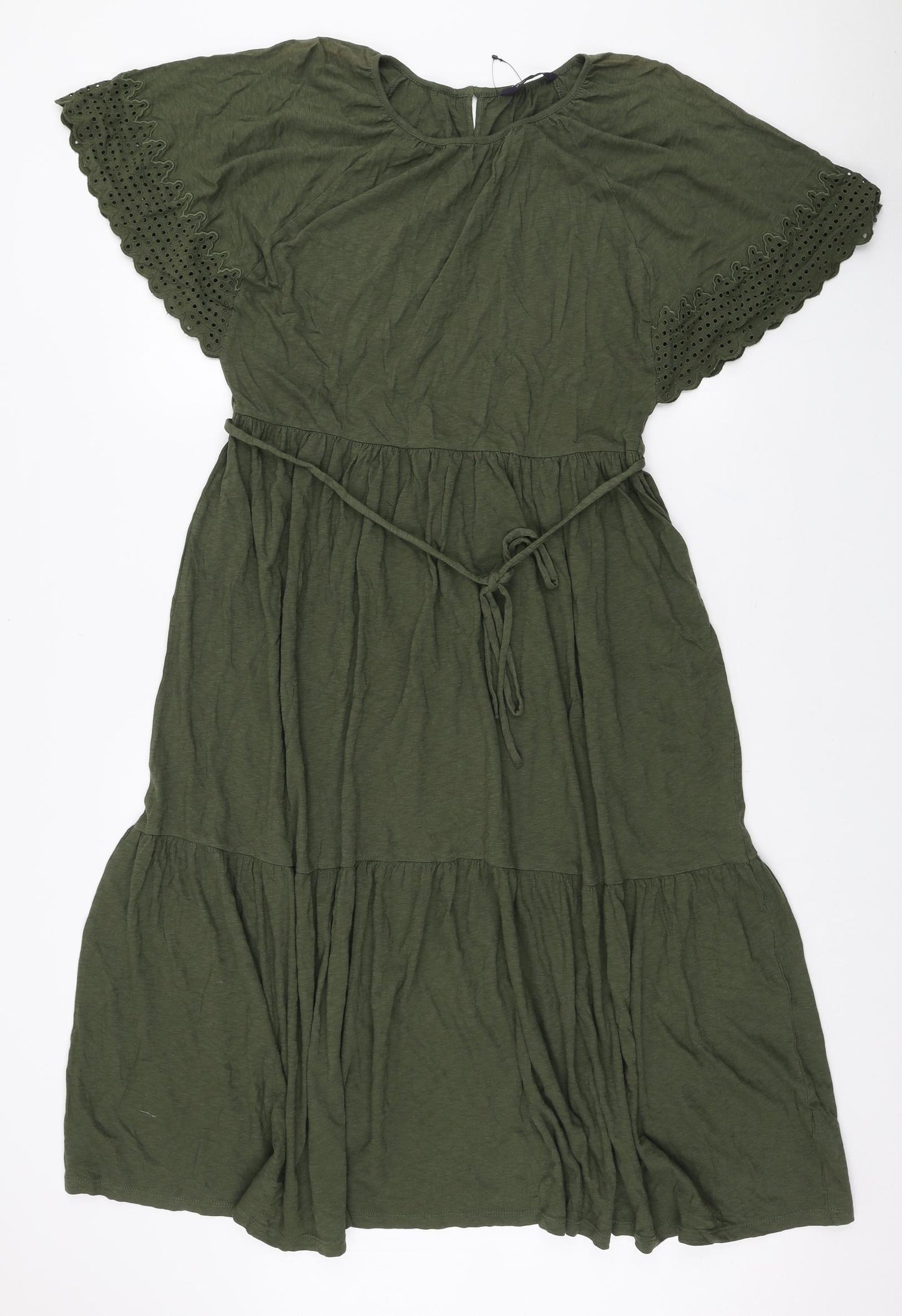 Marks and Spencer Womens Green Cotton Fit & Flare Size 14 Round Neck Tie - Lace sleeve detail